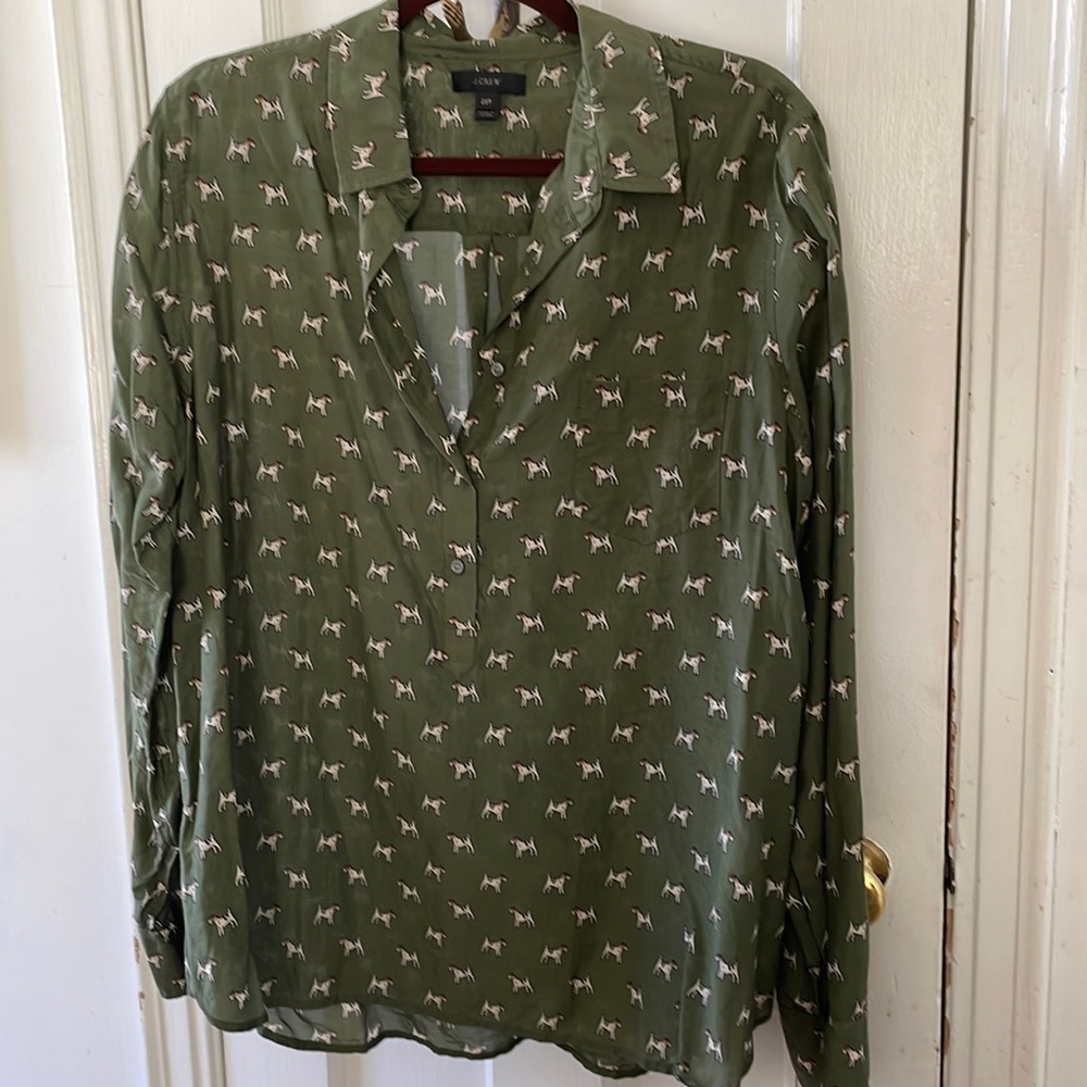 JCrew jack russell dog motif top in olive green